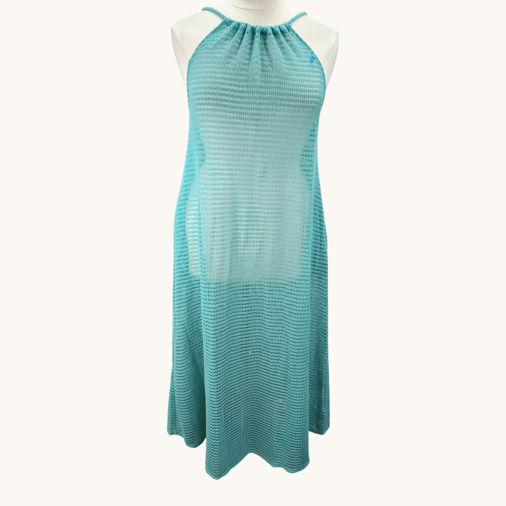 NWT Haute Hippie Women’s L Aqua Crochet Halter Maxi Dress Boho Swimsuit Cover Up